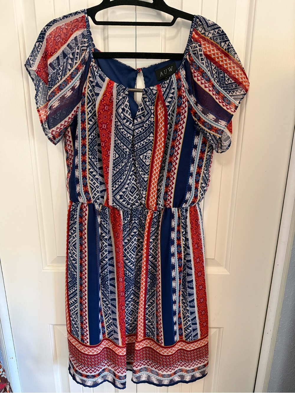 AUW Blue & Red Printed Short Sleeve Dress